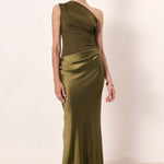 Doreen | Women's One Shoulder Satin Maxi Wedding Guest Dress - Matcha