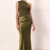 Doreen | Women's One Shoulder Satin Maxi Wedding Guest Dress - Matcha