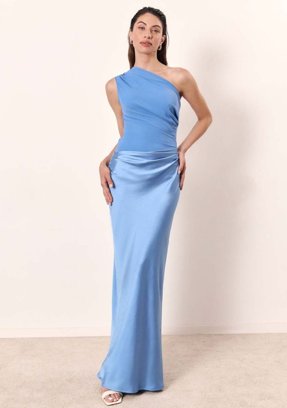 Doreen | Women's One Shoulder Satin Maxi Wedding Guest Dress - Sky Blue