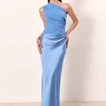 Doreen | Women's One Shoulder Satin Maxi Wedding Guest Dress - Sky Blue