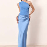 Doreen | Women's One Shoulder Satin Maxi Wedding Guest Dress - Sky Blue