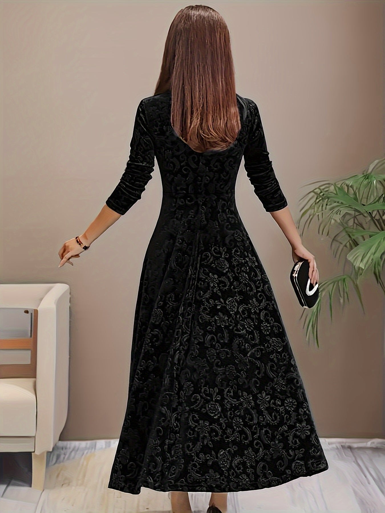 Lily | Women's Floral Velvet Square Neck Midi Dress - Black
