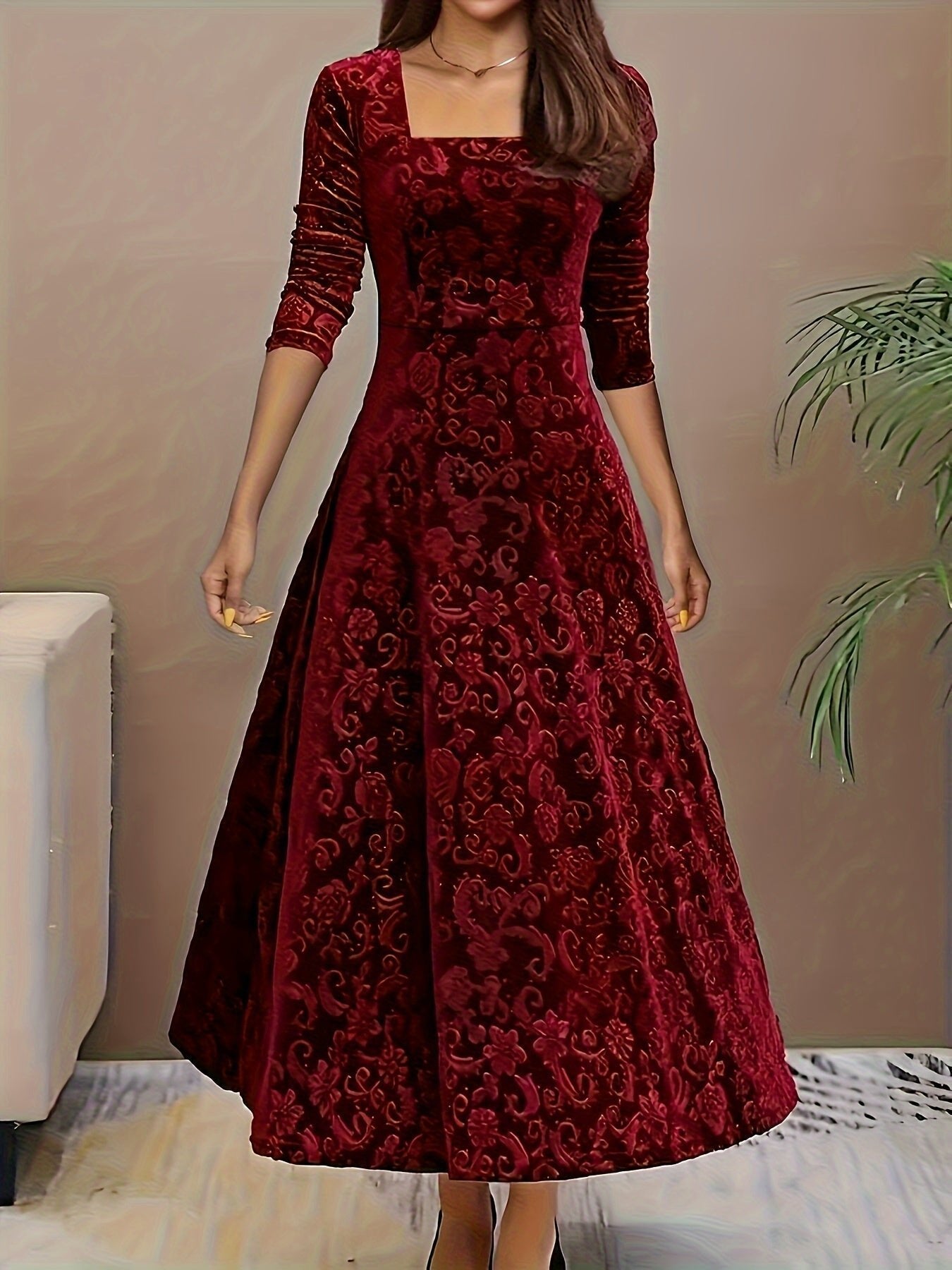 Lily | Women's Floral Velvet Square Neck Midi Dress