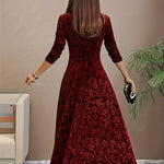 Lily | Women's Floral Velvet Square Neck Midi Dress - Red