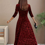 Lily | Women's Floral Velvet Square Neck Midi Dress - Red