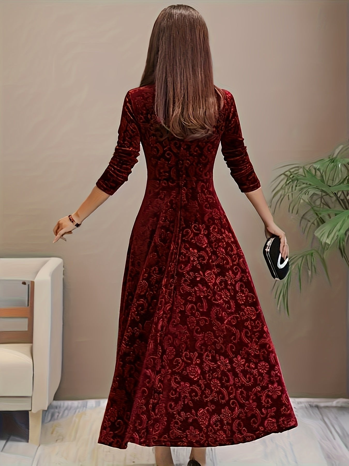 Lily | Women's Floral Velvet Square Neck Midi Dress - Red