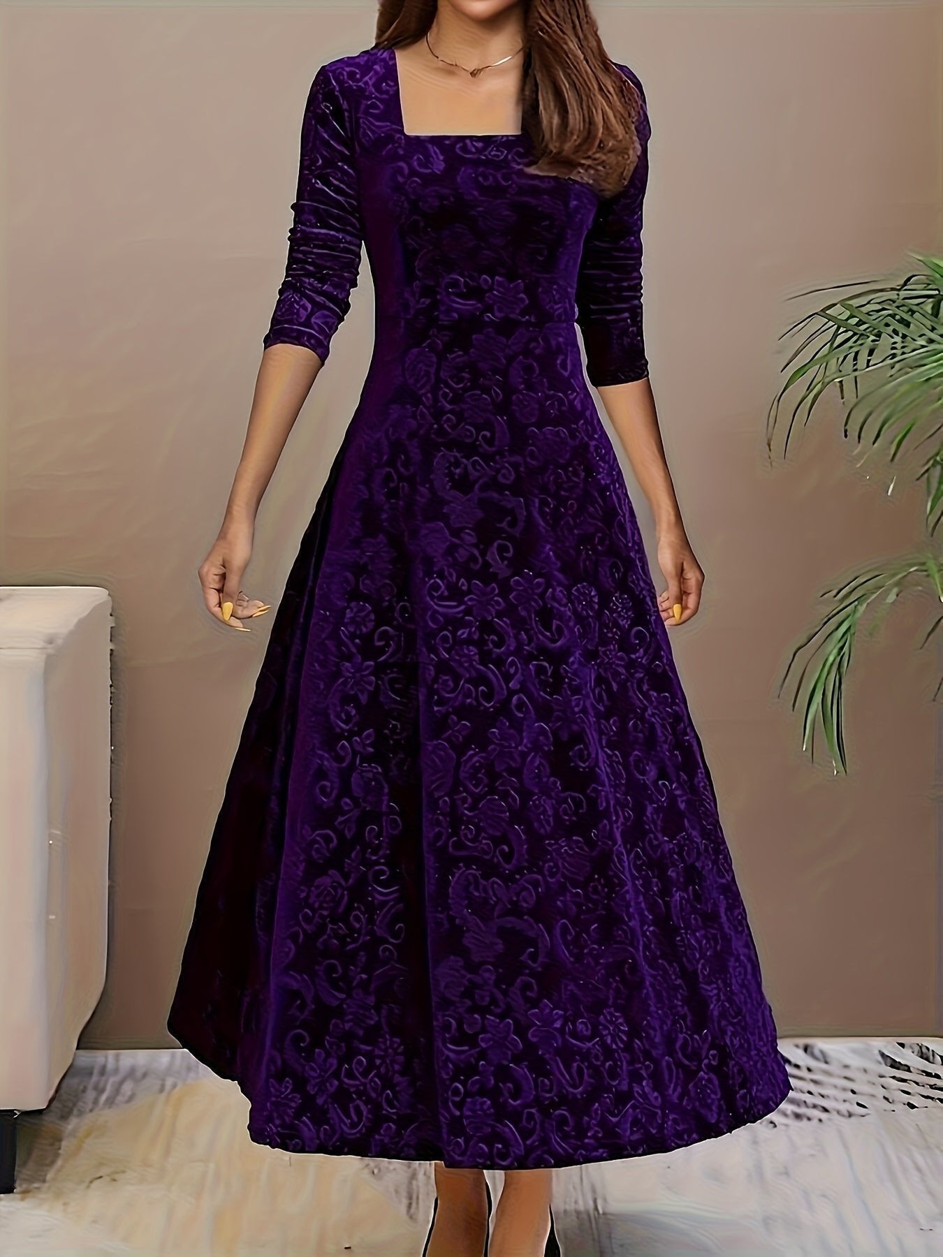 Lily | Women's Floral Velvet Square Neck Midi Dress