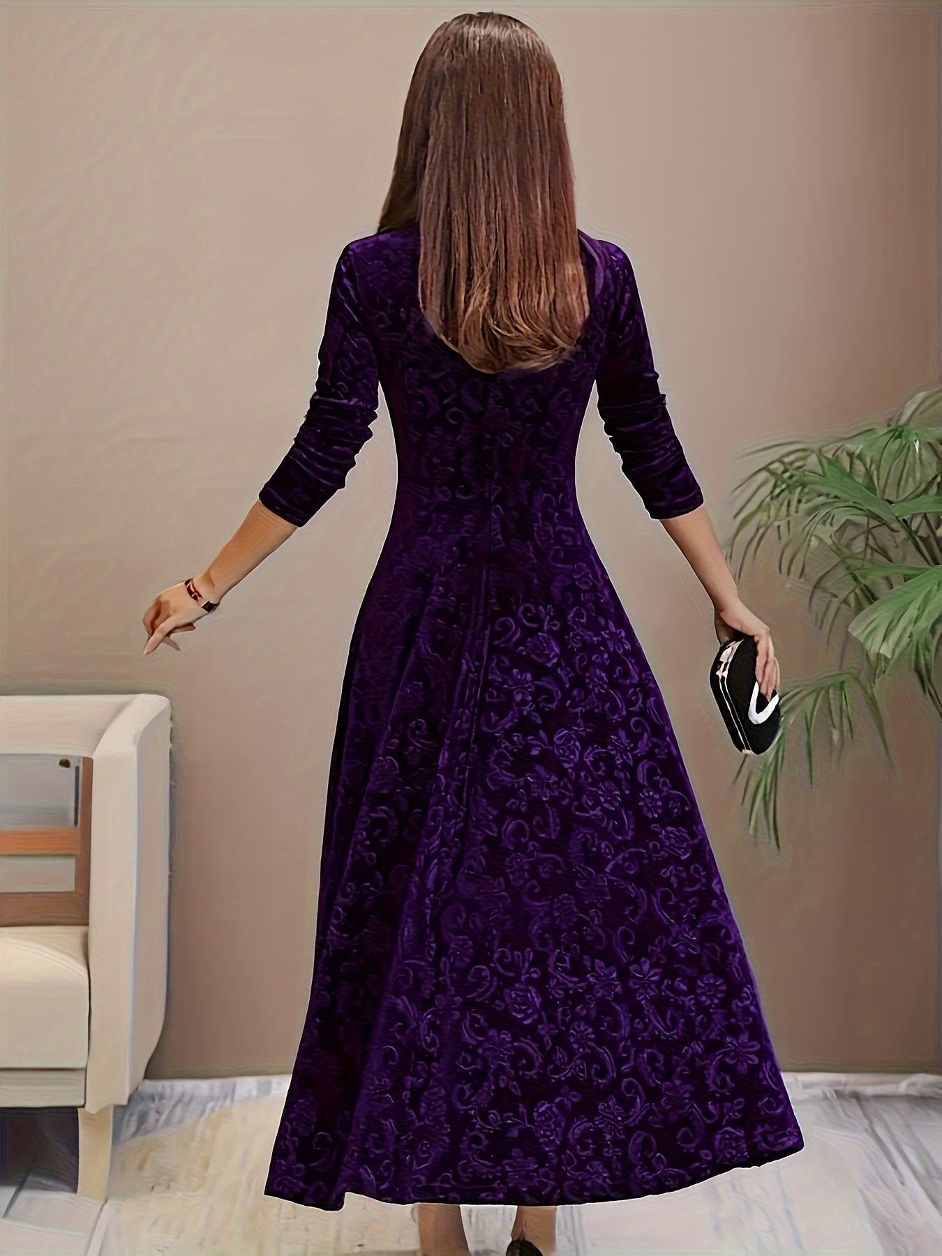 Lily | Women's Floral Velvet Square Neck Midi Dress - Purple