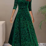 Lily | Women's Floral Velvet Square Neck Midi Dress - Green