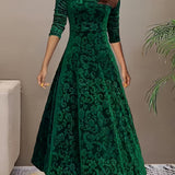 Lily | Women's Floral Velvet Square Neck Midi Dress - Green
