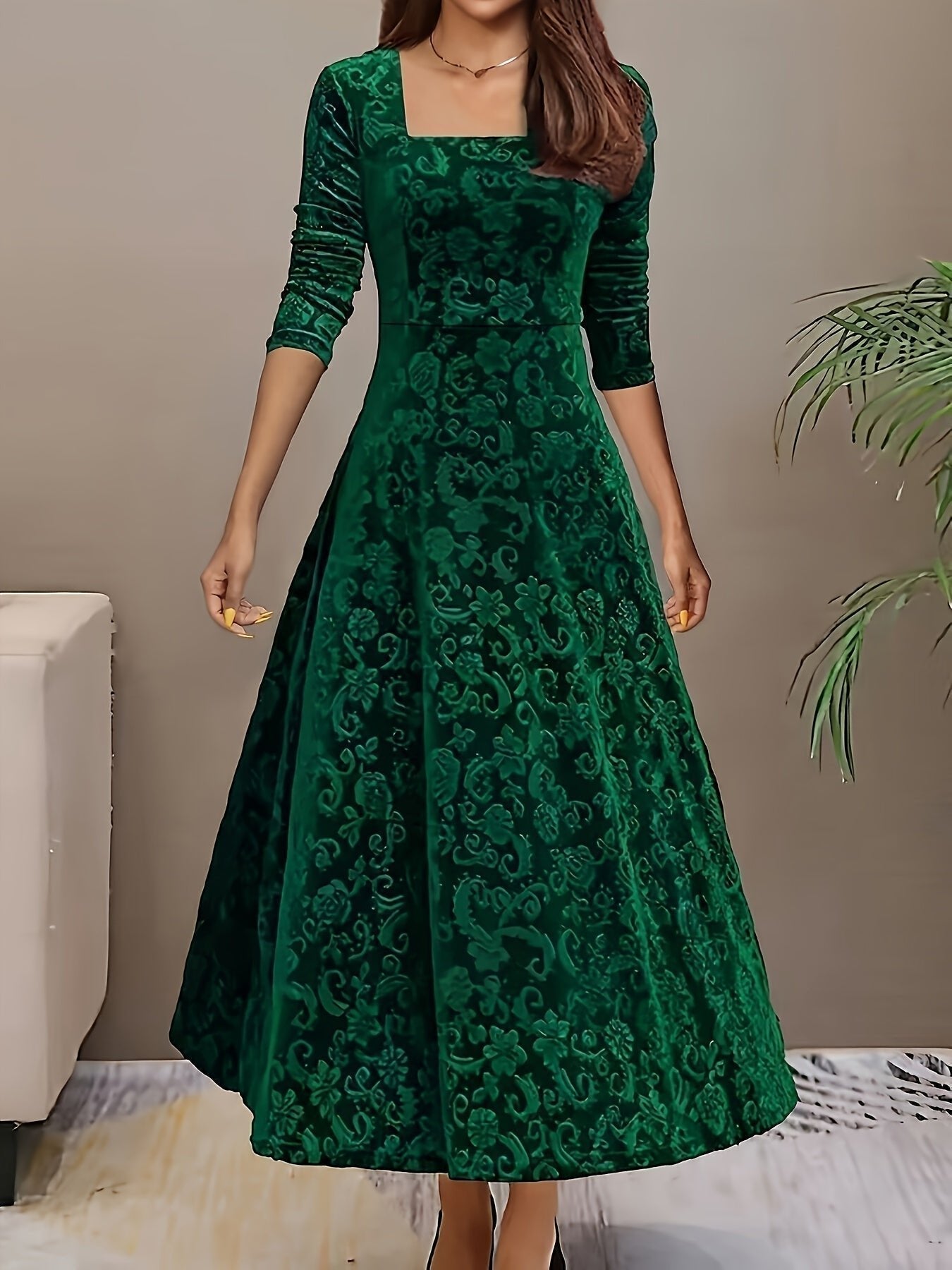 Lily | Women's Floral Velvet Square Neck Midi Dress - Green