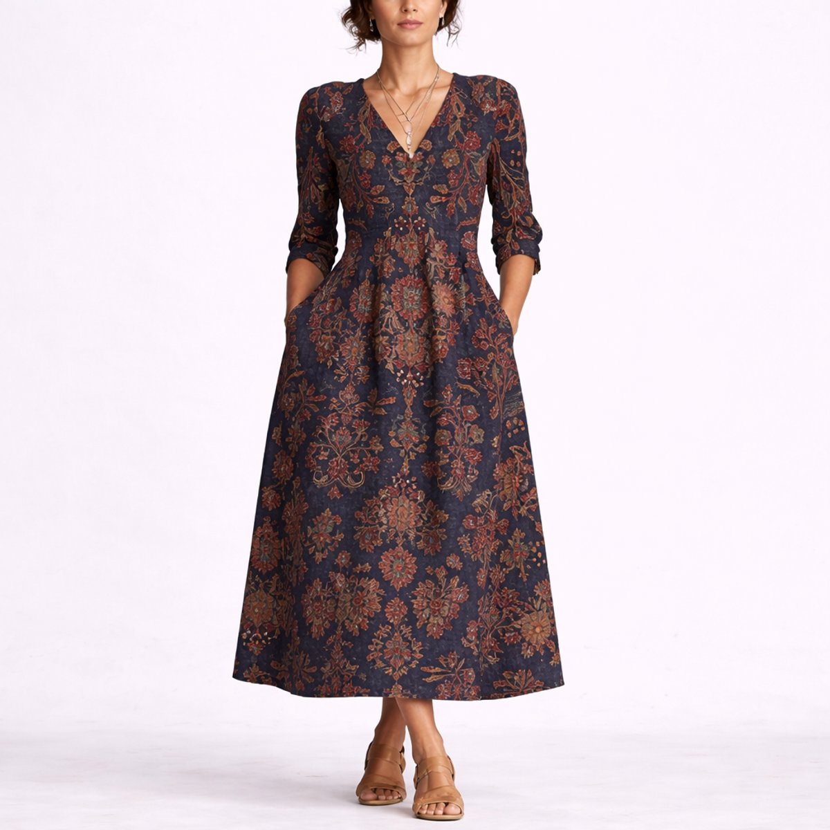 Althea | Women's Floral V Neck Midi Wedding Guest Dress
