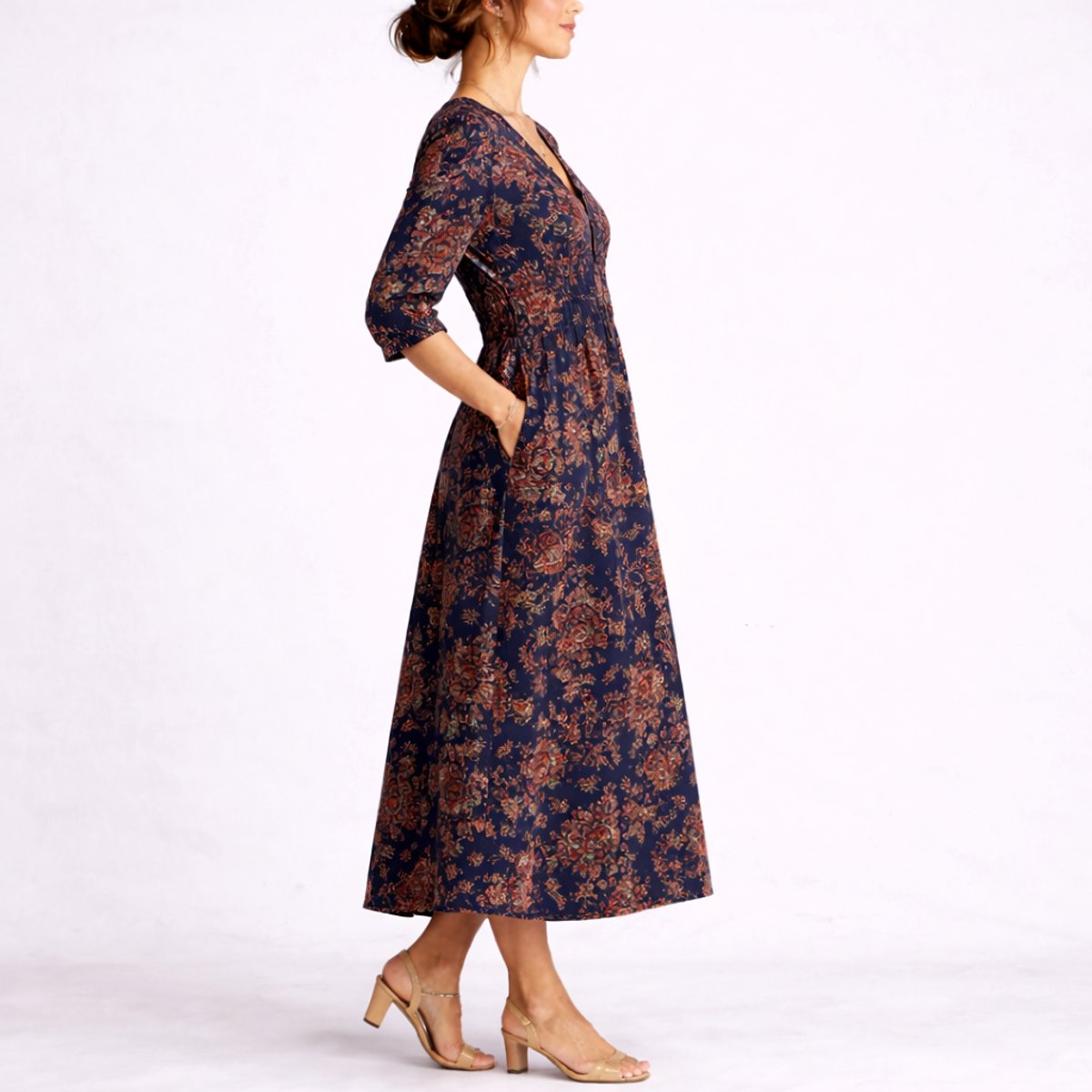 Althea | Women's Floral V Neck Midi Wedding Guest Dress - Multicolour