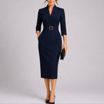 Florence | Women's Belted V Neck Midi Wedding Guest Dress - Navy