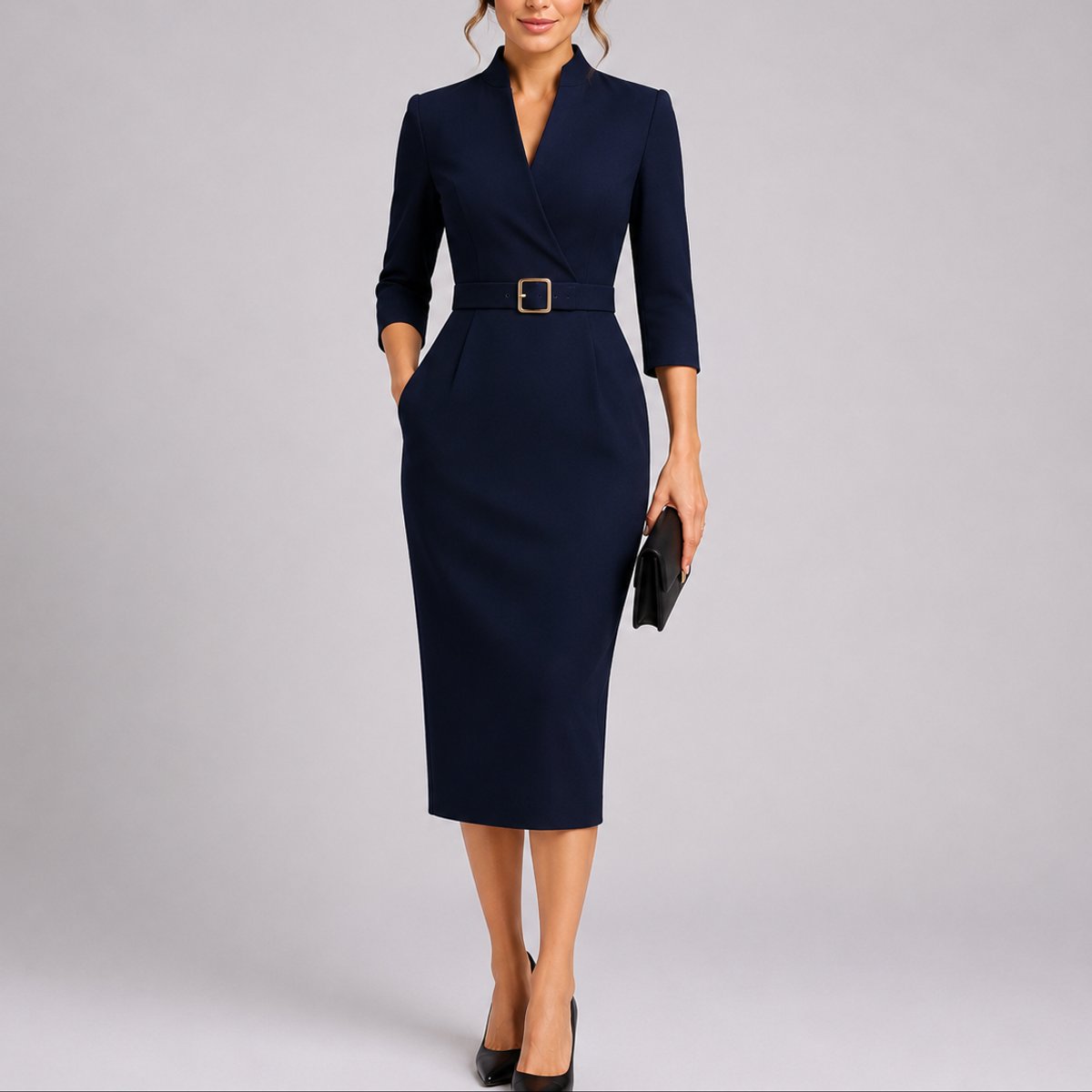 Florence | Women's Belted V Neck Midi Wedding Guest Dress - Navy