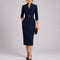 Florence | Women's Belted V Neck Midi Wedding Guest Dress - Navy