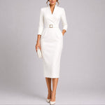 Florence | Women's Belted V Neck Midi Wedding Guest Dress - White