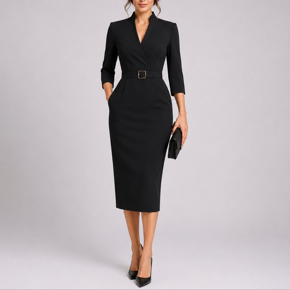 Florence | Women's Belted V Neck Midi Wedding Guest Dress - Black