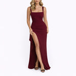 Aurora | Women's Ruched Thigh Split Wedding Guest Dress - Claret