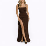 Aurora | Women's Ruched Thigh Split Wedding Guest Dress - Brown