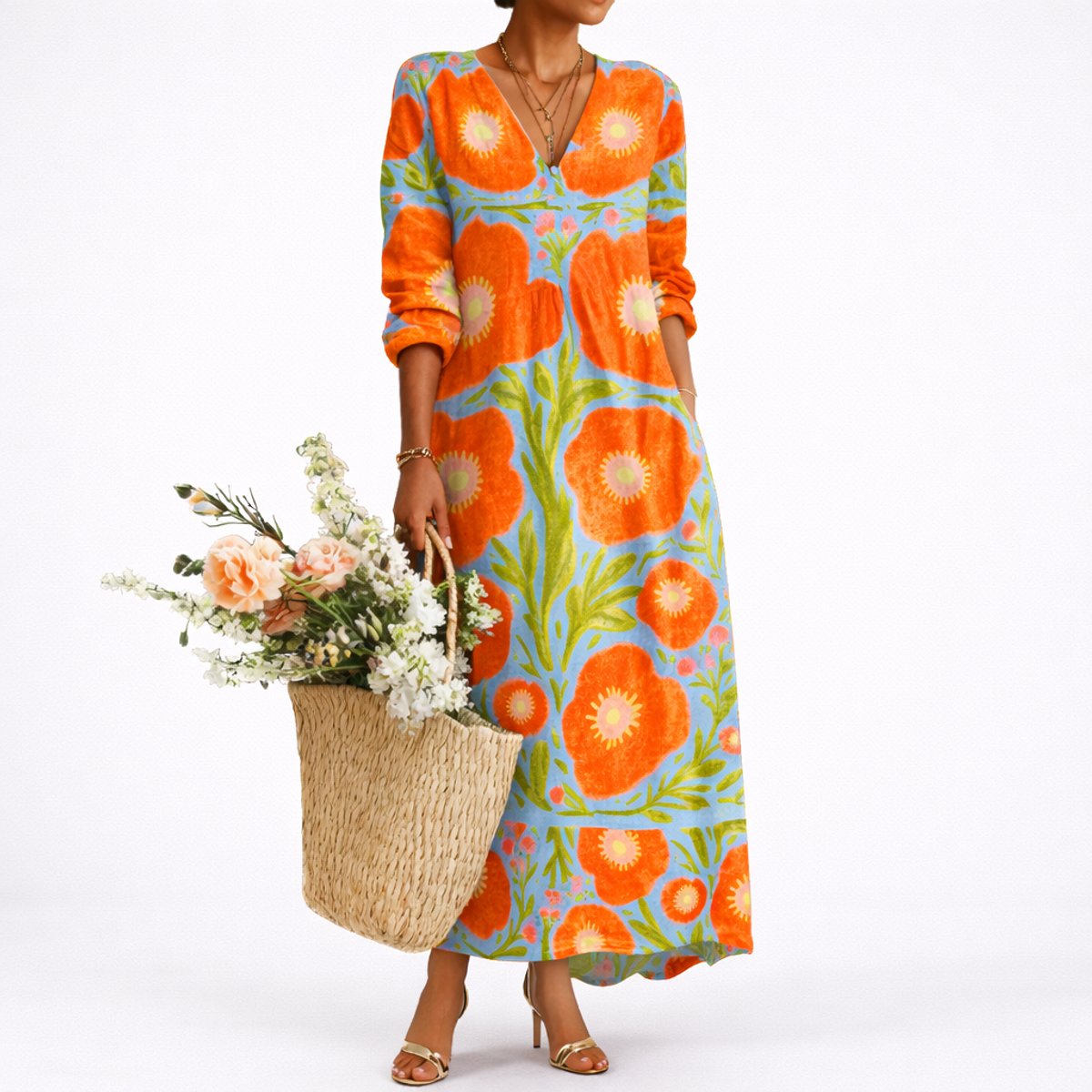 Alma | Women's Floral V Neck Maxi Wedding Guest Dress - Multicolour