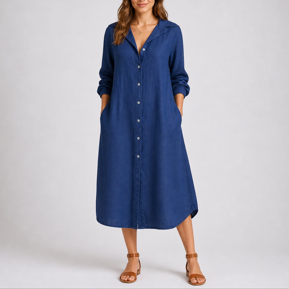 Julia | Women's Long Sleeve Button Front Wedding Guest Dress - Blue