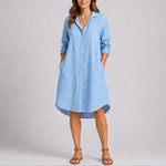 Julia | Women's Long Sleeve Button Front Wedding Guest Dress - Light Blue