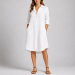 Julia | Women's Long Sleeve Button Front Wedding Guest Dress - White