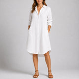Julia | Women's Long Sleeve Button Front Wedding Guest Dress - White