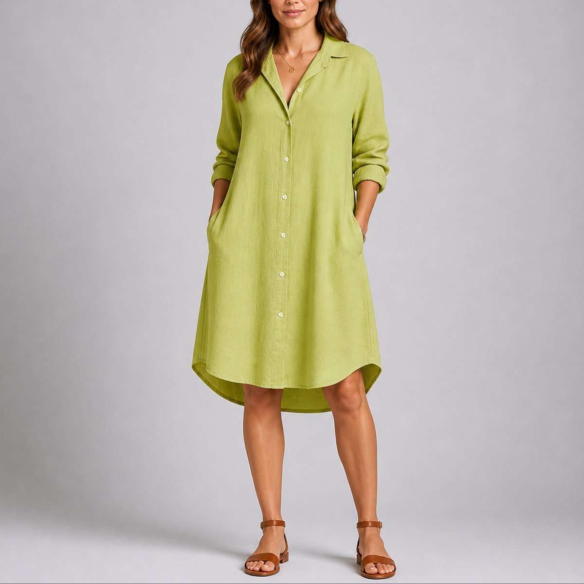 Julia | Women's Long Sleeve Button Front Wedding Guest Dress - Green