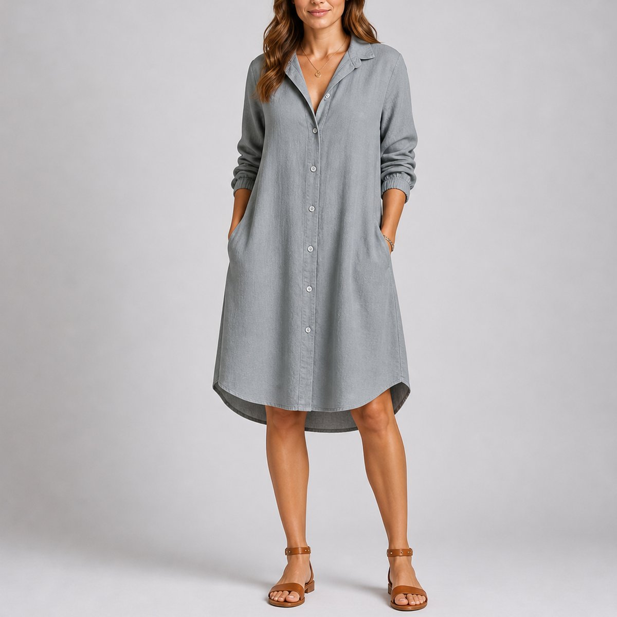 Julia | Women's Long Sleeve Button Front Wedding Guest Dress - Grey