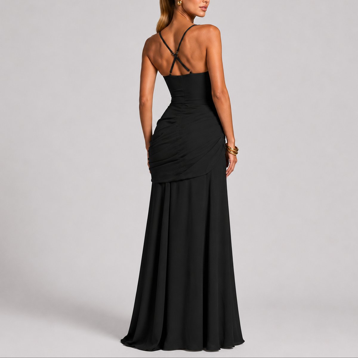 Caitlin | Women's Ruched Square Neck Maxi Wedding Guest Dress - Black