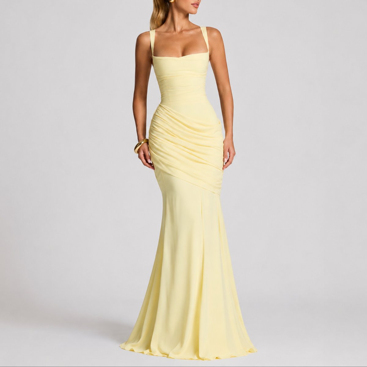 Caitlin | Women's Ruched Square Neck Maxi Wedding Guest Dress - Yellow