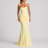 Caitlin | Women's Ruched Square Neck Maxi Wedding Guest Dress - Yellow