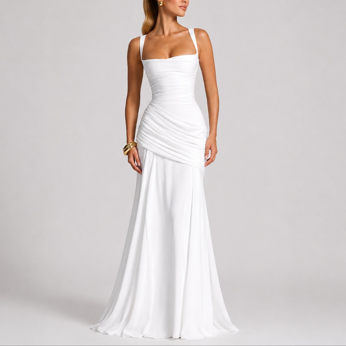 Caitlin | Women's Ruched Square Neck Maxi Wedding Guest Dress - White