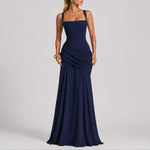 Caitlin | Women's Ruched Square Neck Maxi Wedding Guest Dress - Navy