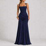 Caitlin | Women's Ruched Square Neck Maxi Wedding Guest Dress - Navy