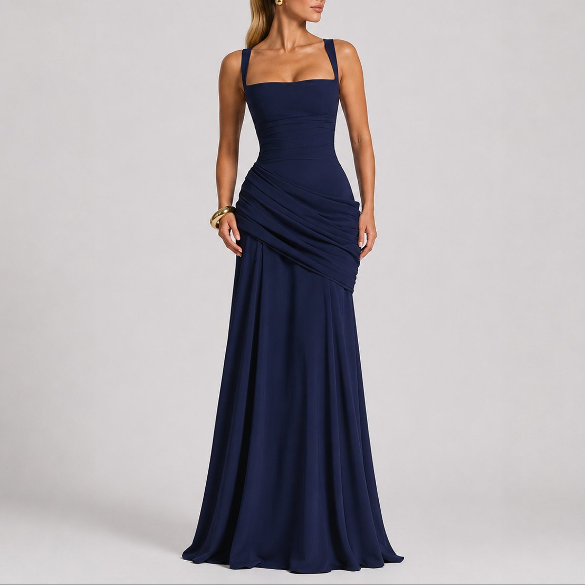 Caitlin | Women's Ruched Square Neck Maxi Wedding Guest Dress - Navy
