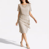 Priscilla | Women's Chiffon Tiered Midi Wedding Guest Dress - Beige