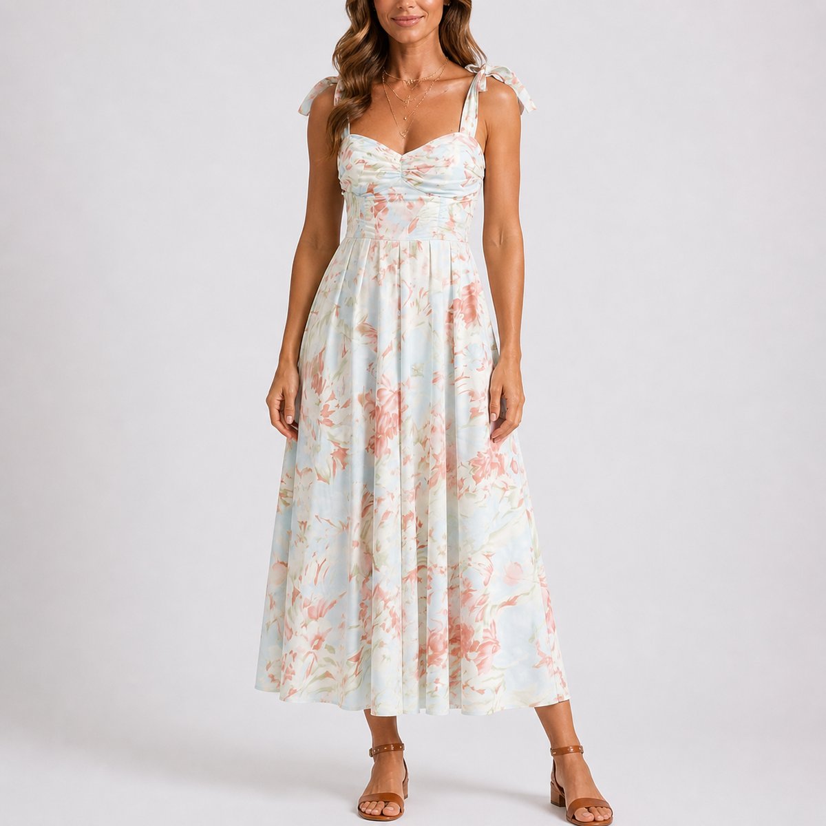 Victoria | Women's Ruched Floral Midi Wedding Guest Dress - Floral White