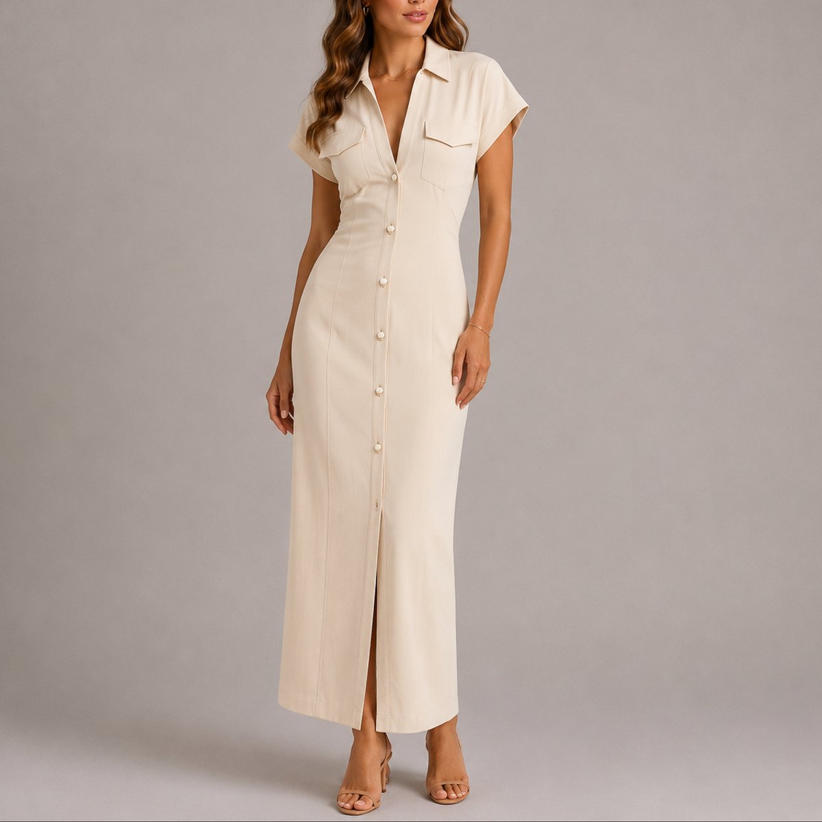 Bruna | Women's Ruched Maxi Wedding Guest Dress - Beige