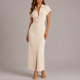 Bruna | Women's Ruched Maxi Wedding Guest Dress - Beige