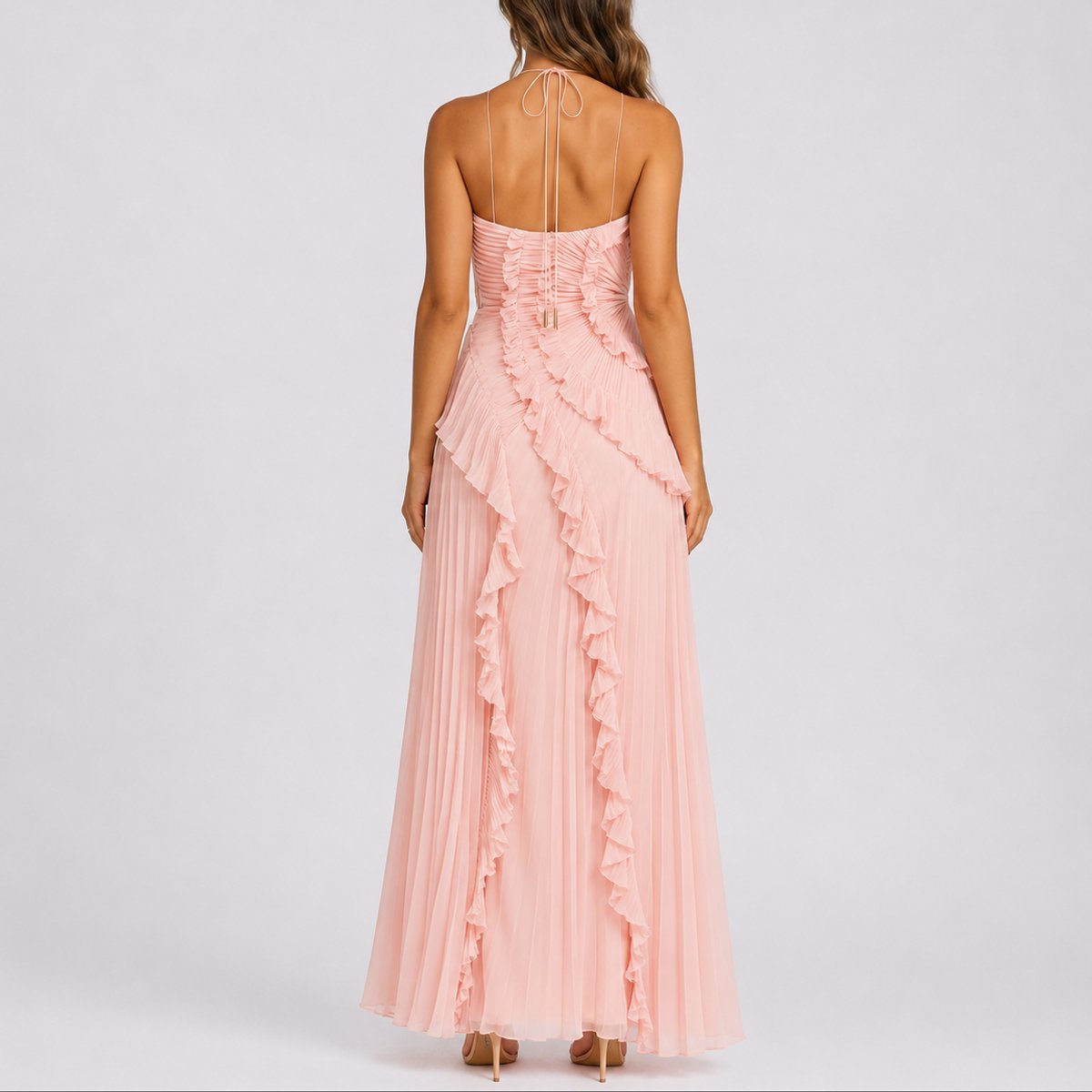 Betsy | Women's Pleated Halter Maxi Wedding Guest Dress - Pink