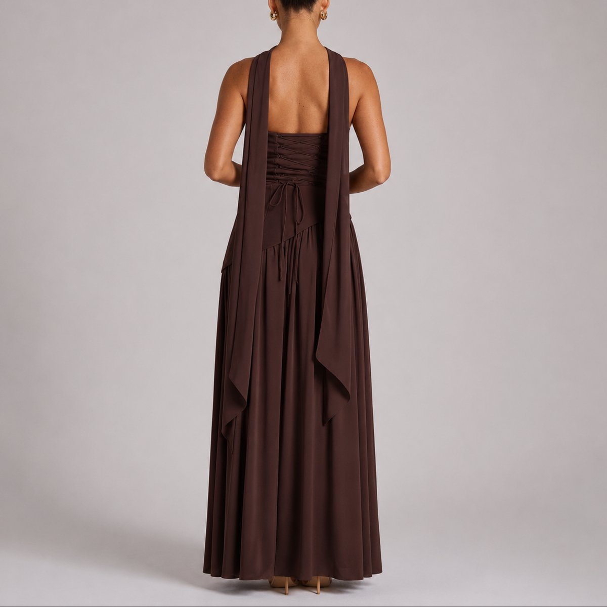 Catherine | Women's T Bar Maxi Wedding Guest Dress - Brown