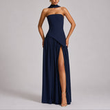 Catherine | Women's T Bar Maxi Wedding Guest Dress - Navy