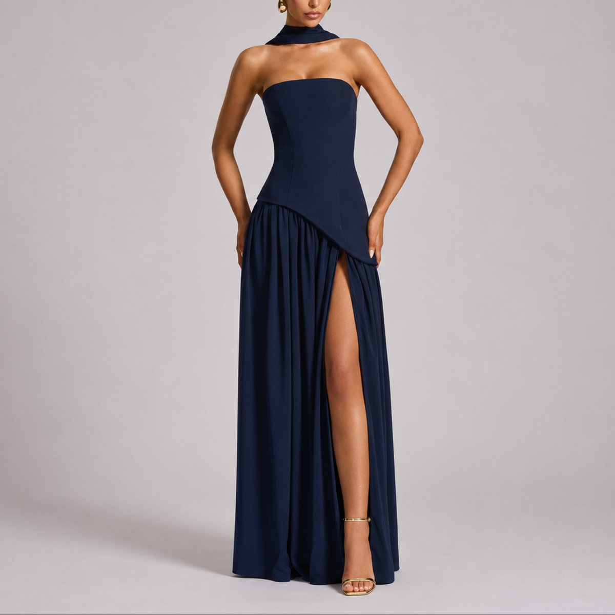 Catherine | Women's T Bar Maxi Wedding Guest Dress - Navy