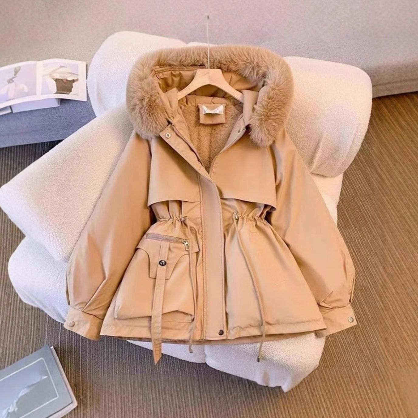 Rhiannon | Women's Fleece Lined Hooded Faux Fur Coat - Khaki