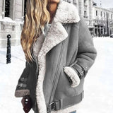 Beryl | Women's Oversized Suede Look Faux Fur Moto Jacket - Grey