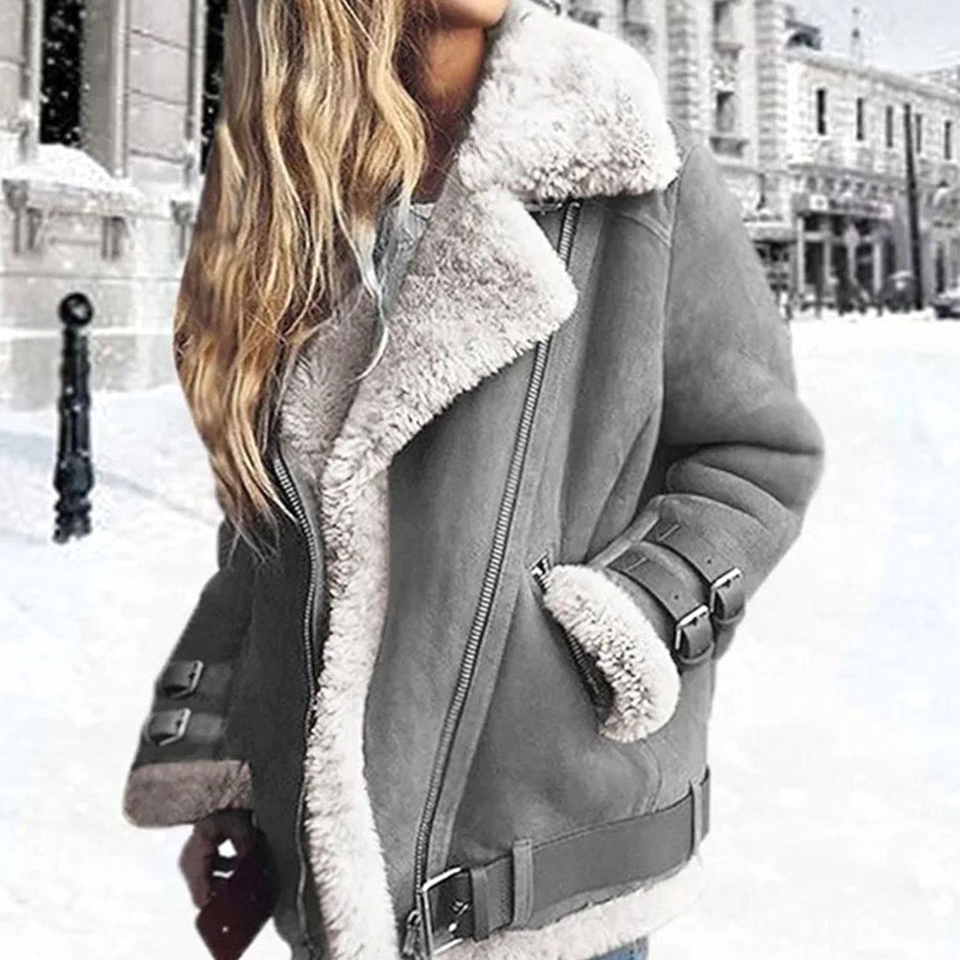 Beryl | Women's Oversized Suede Look Faux Fur Moto Jacket - Grey