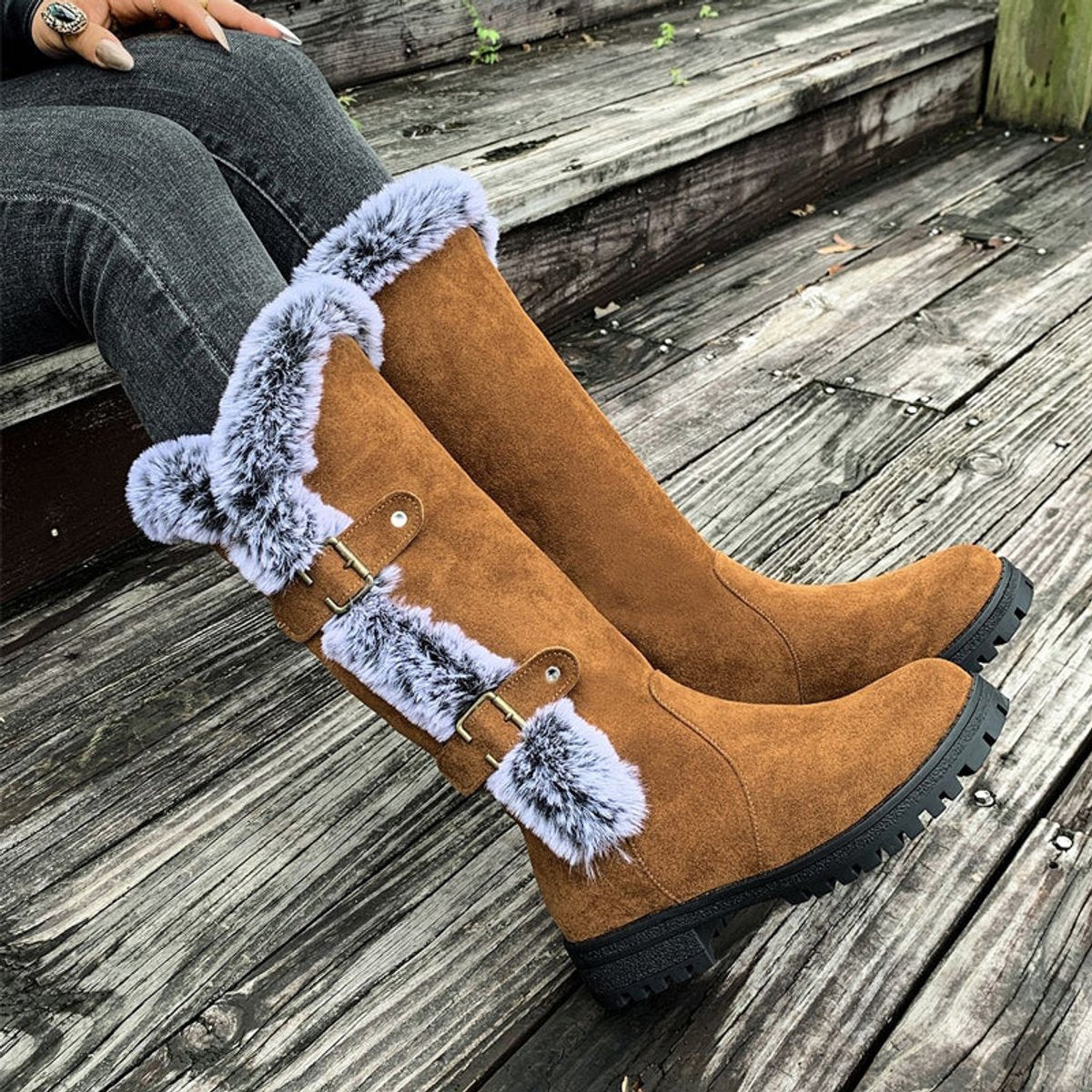 Alexandra | Women's Fleece Lined Suede Look Buckle Knee-High Boots